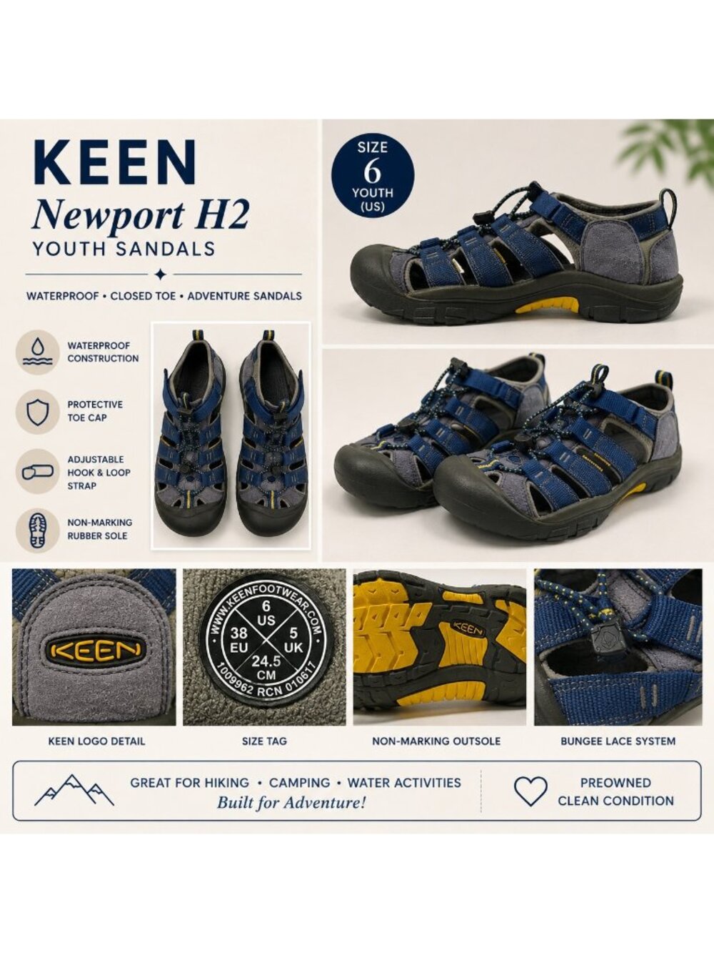 KEEN Newport Boys Blue Strappy Easy On Washable Sandal Shoes Sz 6 EUC